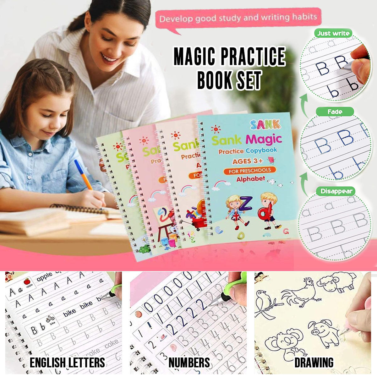 Branmart™ Magic Reusable Practice Book Set (4 BOOKS,1 PEN,1 GRIP,10 REFILL)